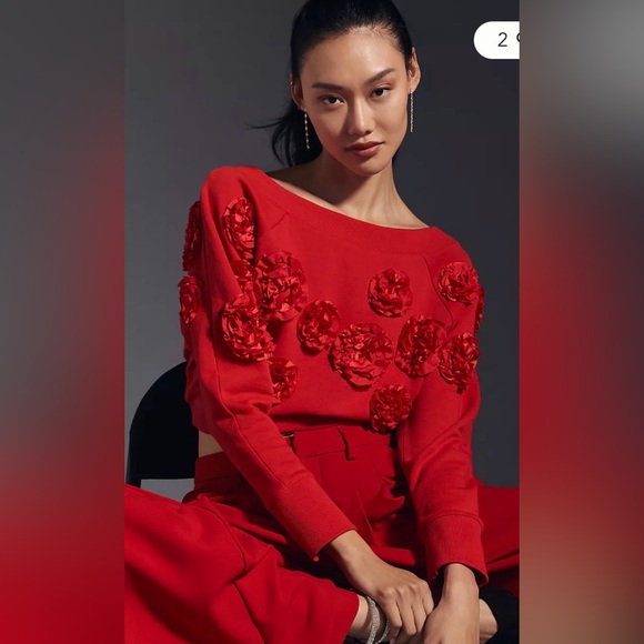Anthropologie Sweaters - Maeve Three-Dimensional Cropped Floral Sweatshirt Red Flowers Size Small